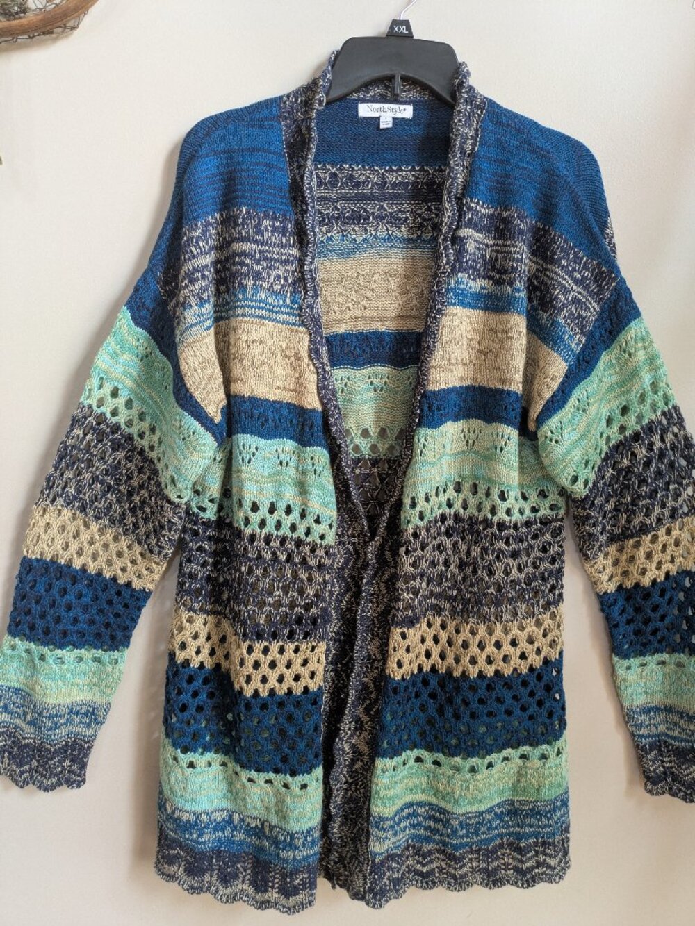 NorthStyle blue/ multicolor sheer knit cardigan Size L beach boho cozy #445